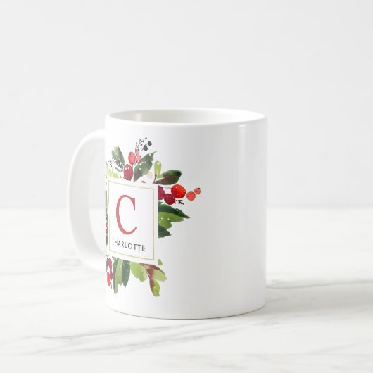 Mug Élégant Monogramme vert de Noël rouge (Devant gauche)