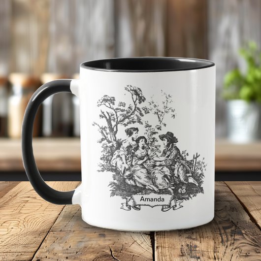 Mug Élégant monogramme vintage noir toile de jouy