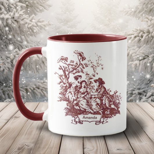 Mug Élégant monogramme vintage rouge toile de jouy