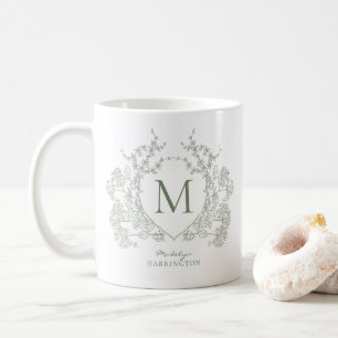 Mug Élégant Monogramme Vintage Sage Vert Cimier Floral