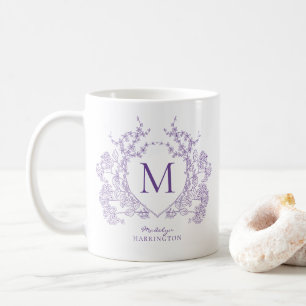 Mug Élégant Monogramme Vintage Violet Floral Crest