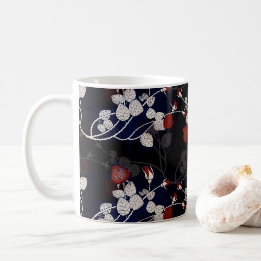 Mug Élégant Motif de Fleur Rouge Noir (Avec donut)
