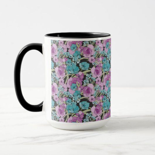Mug Elégant motif floral rose pourpre fond noir (Gauche)