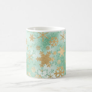 Mug Élégant Motif Green & Gold Snowflake