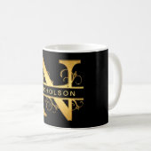Mug Élégant "N" Monogramme Nom personnalisé Black Gold (Devant droit)
