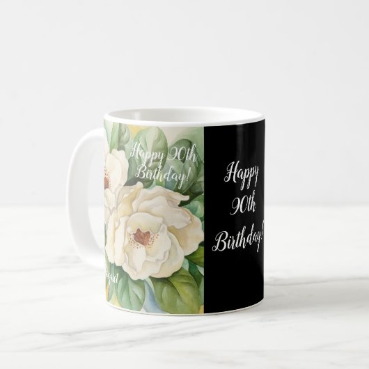 Mug Elégant Noir 90e Anniversaire Magnolia Nom floral (Devant gauche)