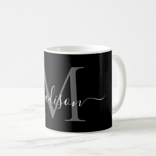 Mug Élégant noir blanc Monogramme Script élégant noir (Devant droit)