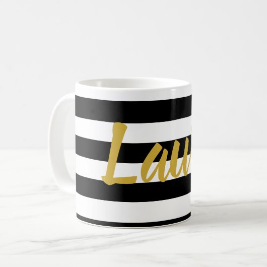 Mug Élégant Noir Blanc Or Nom de script avec bandes (Devant gauche)