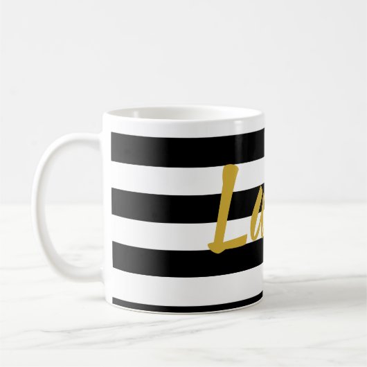 Mug Élégant Noir Blanc Or Nom de script avec bandes (Gauche)