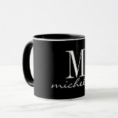 Mug Élégant Noir et Blanc Nom Monogramme Personnalisé (Devant gauche)