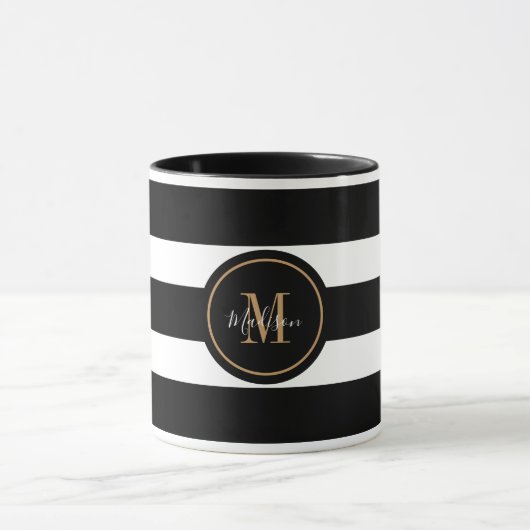 Mug Élégant noir et blanc rayures Script Monogramme (Centre)