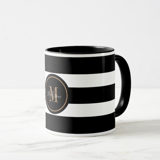 Mug Élégant noir et blanc rayures Script Monogramme (Devant droit)