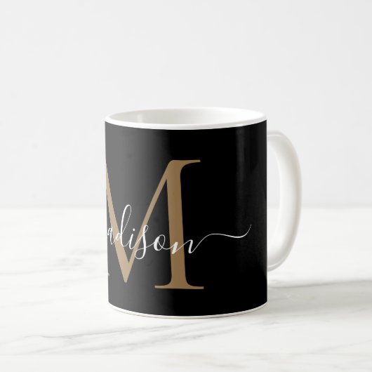 Mug Élégant Noir Monogramme Girly Script élégant (Devant droit)