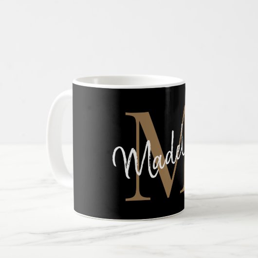 Mug Élégant Noir Monogramme Girly Script élégant (Devant gauche)