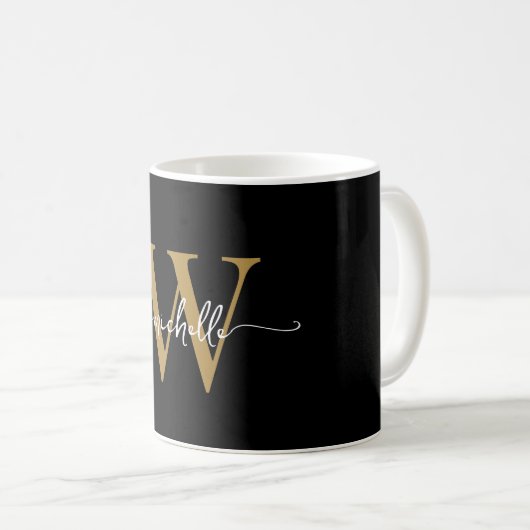 Mug Élégant Noir Monogramme Nom Script Signature (Devant droit)