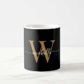 Mug Élégant Noir Monogramme Nom Script Signature (Centre)
