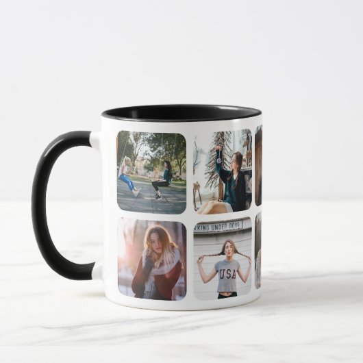 Mug Élégant noir Nom photo Collage Monogramme (Gauche)