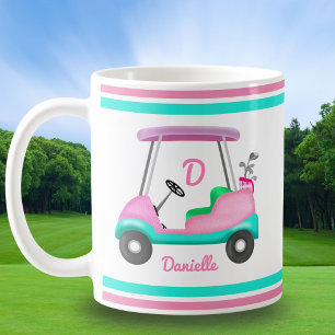 Mug Élégant Nom de Chariot de Golf en Cuir Rose Monogr