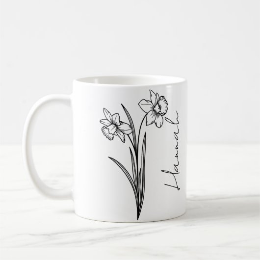 Mug Élégant nom de script Mars Fleur de naissance Daff (Gauche)