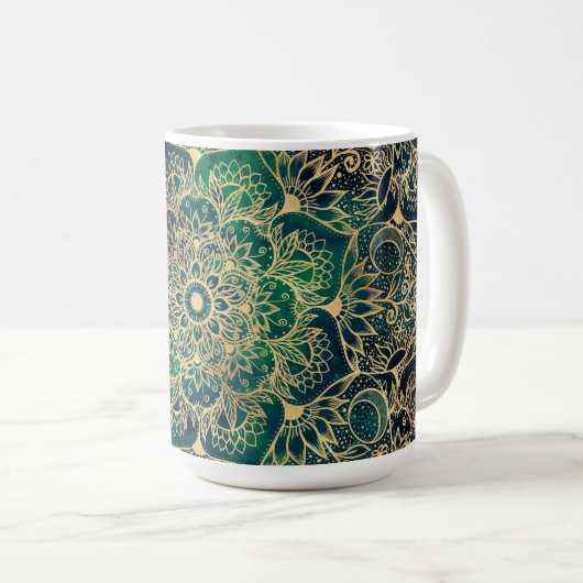 Mug Elégant or Mandala Floral Vert bleu (Devant droit)