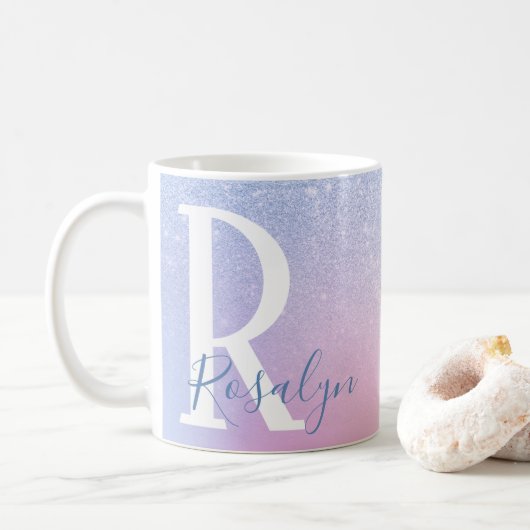 Mug Élégant paillettes arc-en-ciel bleu ombré moderne (Avec donut)