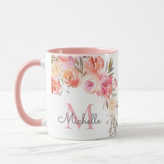 Mug Élégant Pastel Peach Rose Rose Rose Floral Monogra (Gauche)