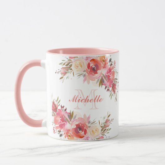 Mug Élégant Pastel Rose Peach Rose Monogramme floral (Gauche)