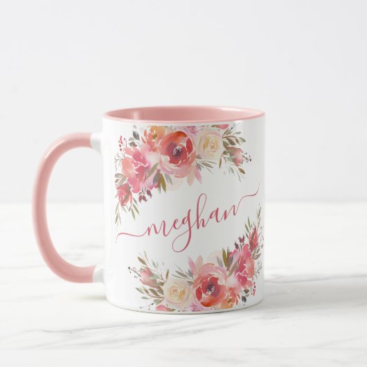 Mug Élégant Pastel rose Pêche Rose Floral Monogramme M (Gauche)