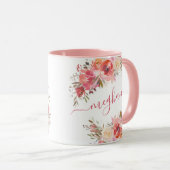 Mug Élégant Pastel rose Pêche Rose Floral Monogramme M (Devant droit)