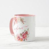 Mug Élégant Pastel rose Pêche Rose Floral Monogramme M (Devant gauche)
