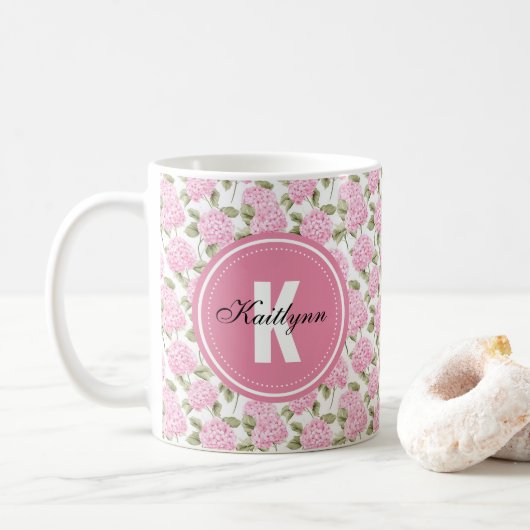 Mug Elegant Pink Hydragea Flowers Pattern Monogram (Avec donut)