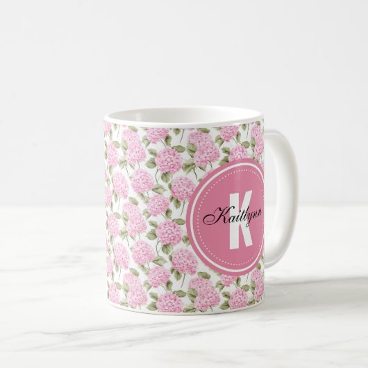 Mug Elegant Pink Hydragea Flowers Pattern Monogram (Devant droit)