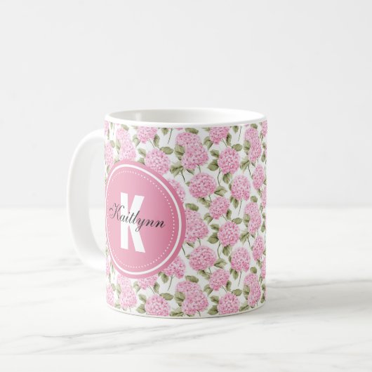 Mug Elegant Pink Hydragea Flowers Pattern Monogram (Devant gauche)