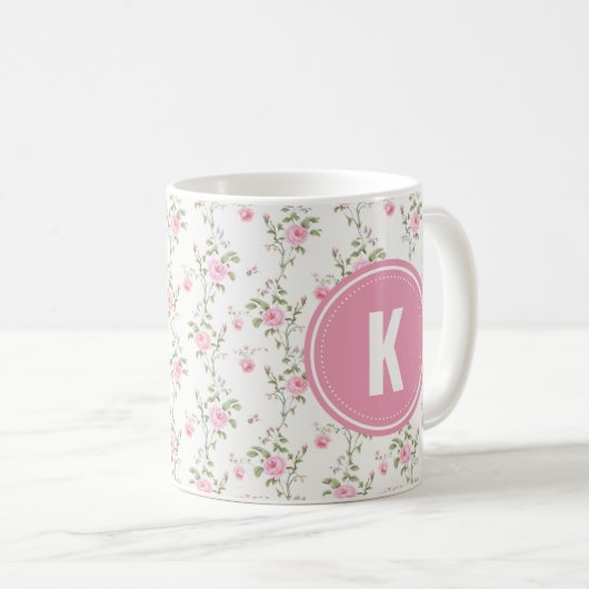 Mug Elegant Pink Roses Flowers Pattern Monogram (Devant droit)