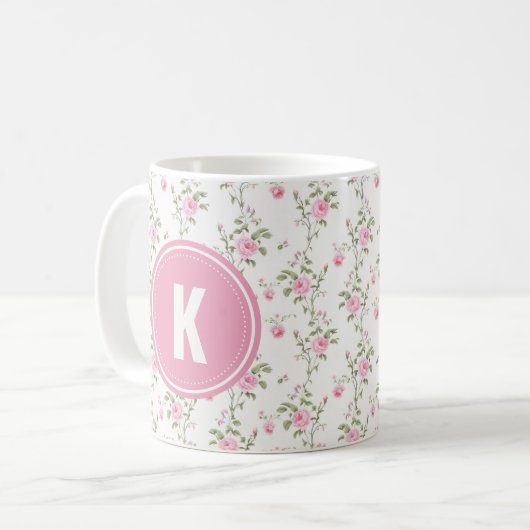 Mug Elegant Pink Roses Flowers Pattern Monogram (Devant gauche)