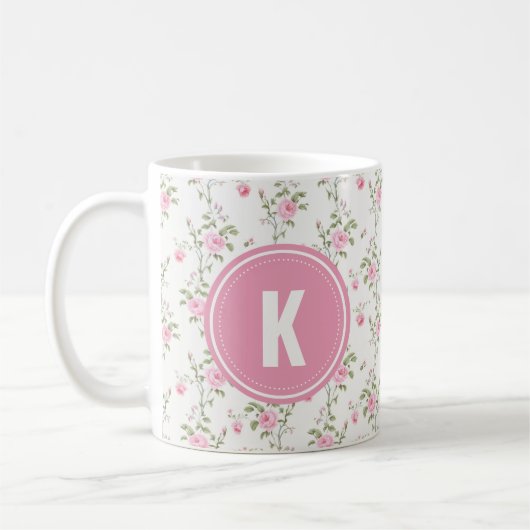 Mug Elegant Pink Roses Flowers Pattern Monogram (Gauche)