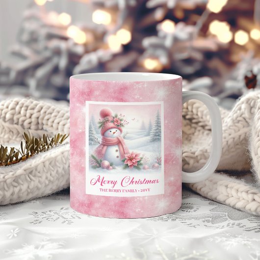 Mug Elegant Pink Snowman Cozy Winter Forest Scene Xmas