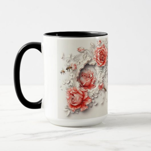 Mug Élégant Rose 3D, abeilles et beauté botanique (Gauche)
