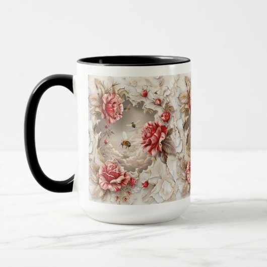 Mug Élégant Rose 3D, abeilles et beauté botanique (Gauche)