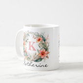 Mug Elégant rose Aquarelle Fleurs Monogramme Nom (Devant gauche)