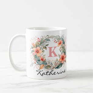 Mug Elégant rose Aquarelle Fleurs Monogramme Nom