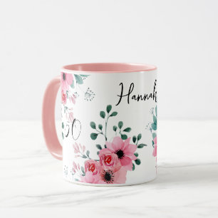 Mug Élégant rose floral 50e anniversaire Nom à deux to