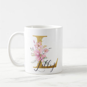 Mug Élégant rose Floral or Lettre L