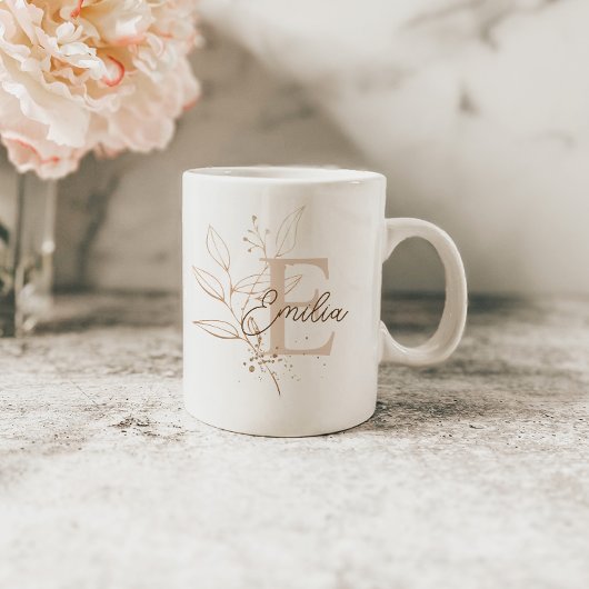 Mug Élégant Rose Gold Floral Leaf Monogramme