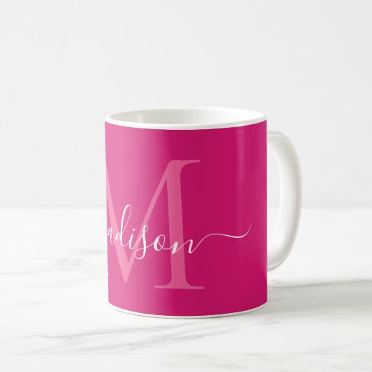 Mug Élégant rose Magenta Blanc Monogramme Script éléga (Devant droit)