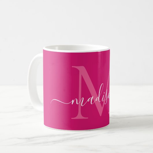 Mug Élégant rose Magenta Blanc Monogramme Script éléga (Devant gauche)