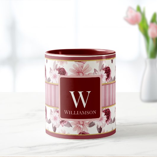Mug Élégant rose Magenta Floral Stripe Monogramme pers