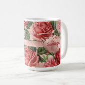 Mug Élégant rose rose Vintage Roses Floral Monogramme (Devant droit)