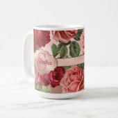Mug Élégant rose rose Vintage Roses Floral Monogramme (Devant gauche)