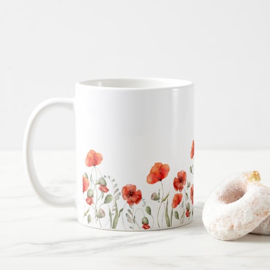 Mug Elégant rouge Aquarelle Fleurs de Pavot (Avec donut)